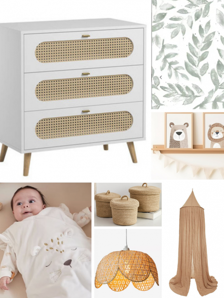 Maison emma réalise un Moodboard d'inspiration chambre de bébé douce et apaisante, décorée avec des couleurs pastel et du mobilier en bois naturel.